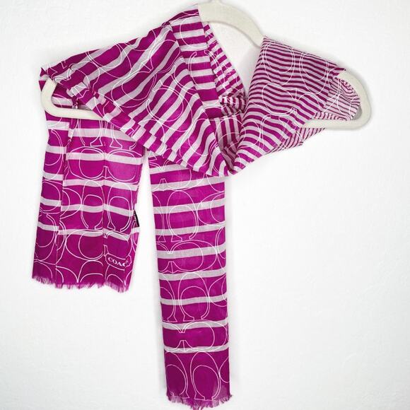 Coach Pink and White Striped Signature Logo C Cotton Raw Cut Lightweight Scarf - Picture 2 of 8